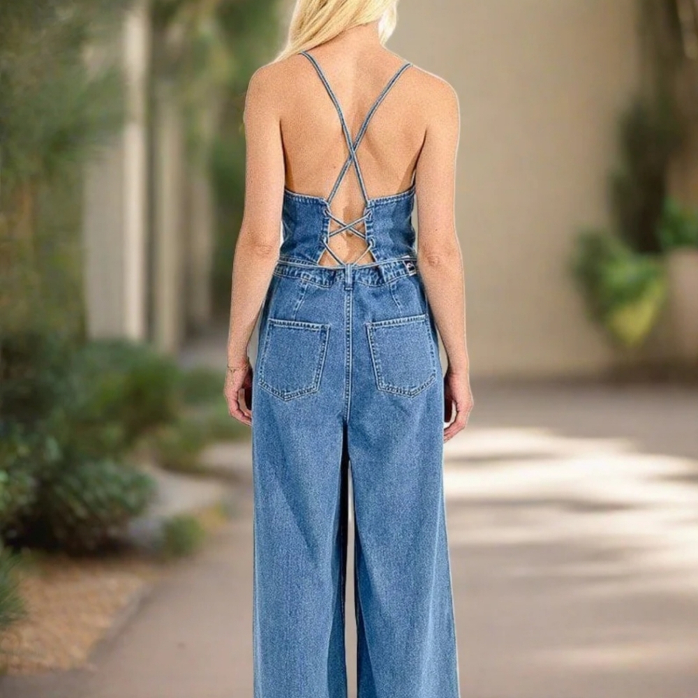 Wide leg denim jumpsuit